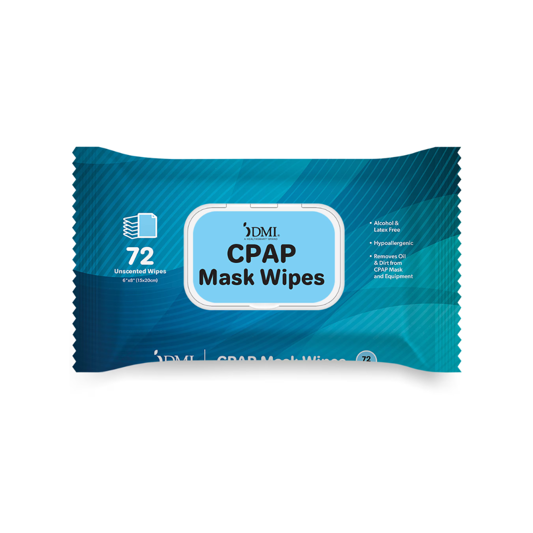 A blue packet of DMI CPAP Mask Wipes - XL Hypoallergenic & Unscented contains 72 alcohol- and latex-free wipes, ideal for CPAP equipment cleaning and mask maintenance. Hypoallergenic formula ensures safe, gentle use.